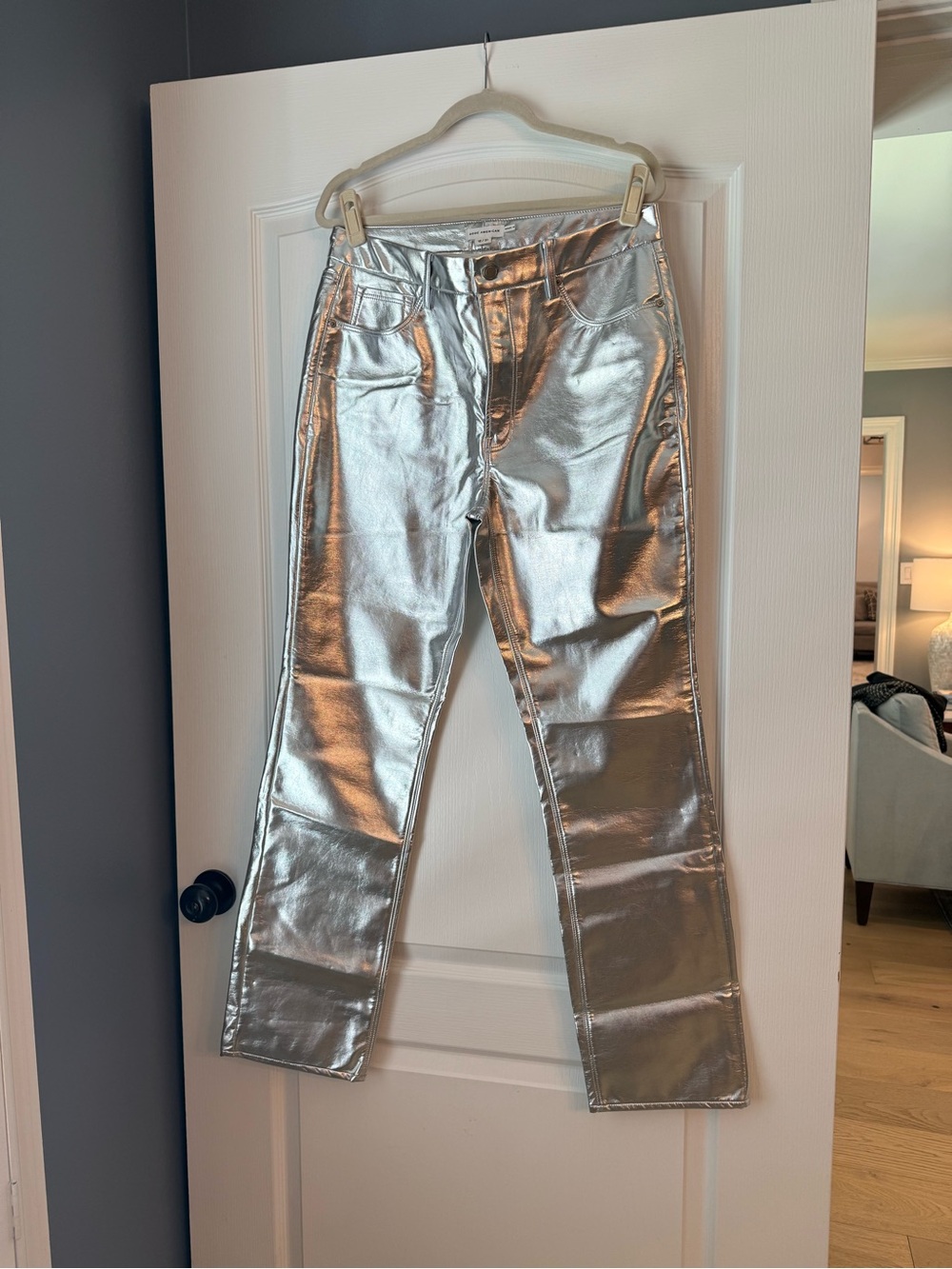 Good American Silver Metallic Straight-Leg Pants